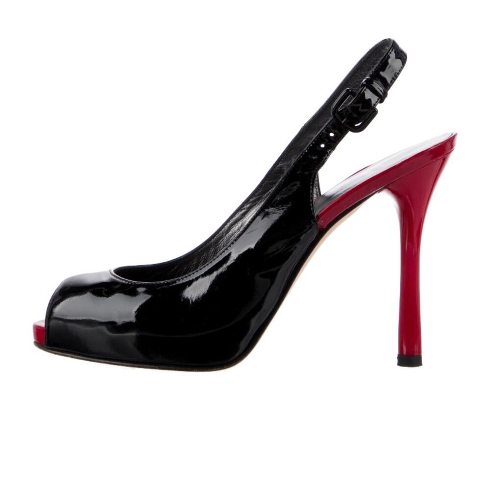 Stuart Weitzman Patent Leather Red Black Peep Toe Stiletto Heels size 9